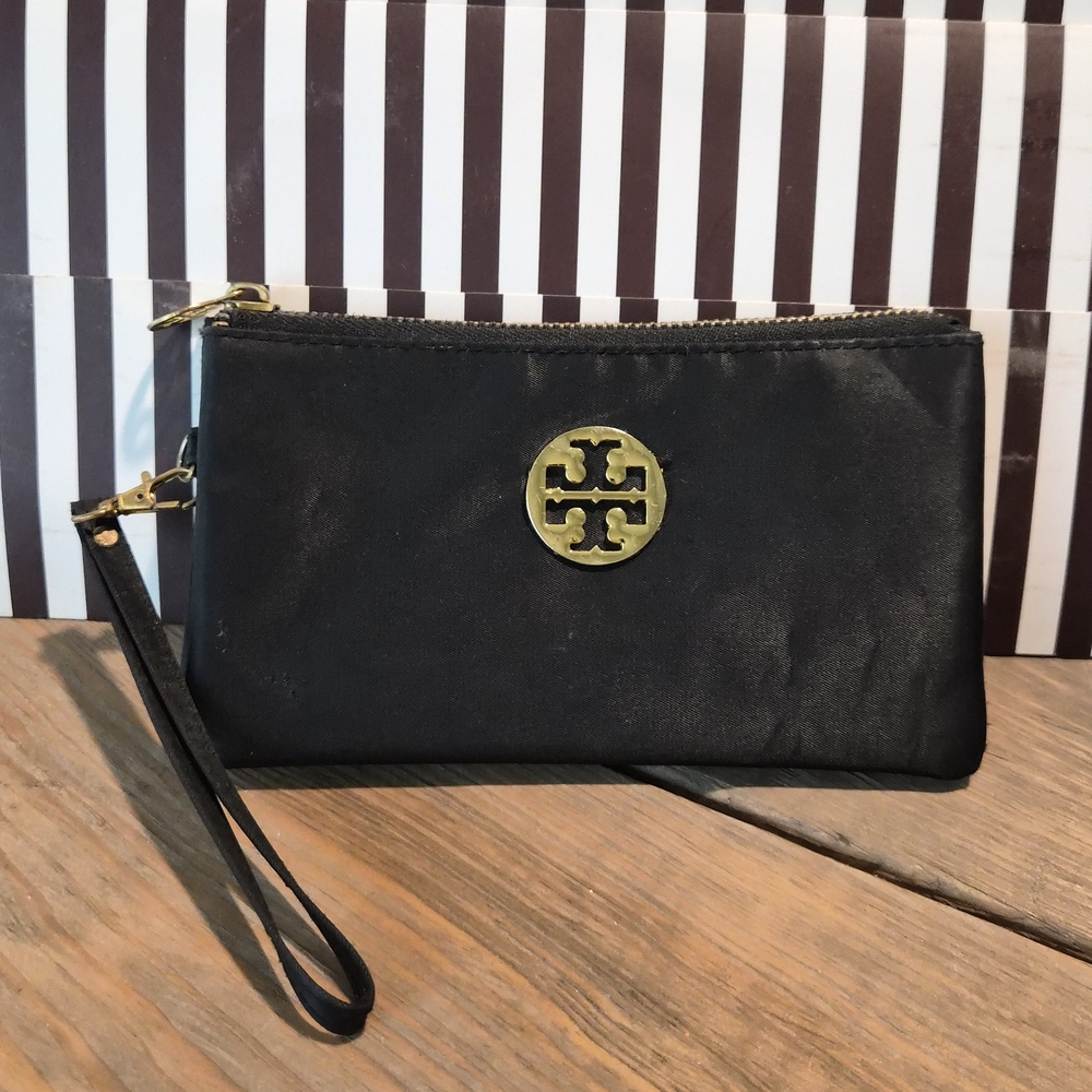 Tory Burch Black Wristlet with Gold Logo
